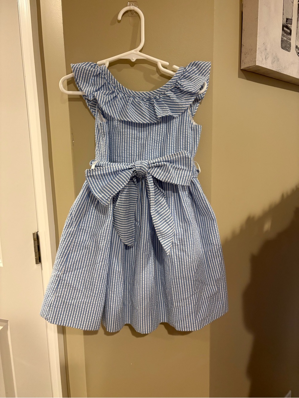 Bailey Boys Classics Blue and White Striped Ruffle Neck Seersucker Girls Dress